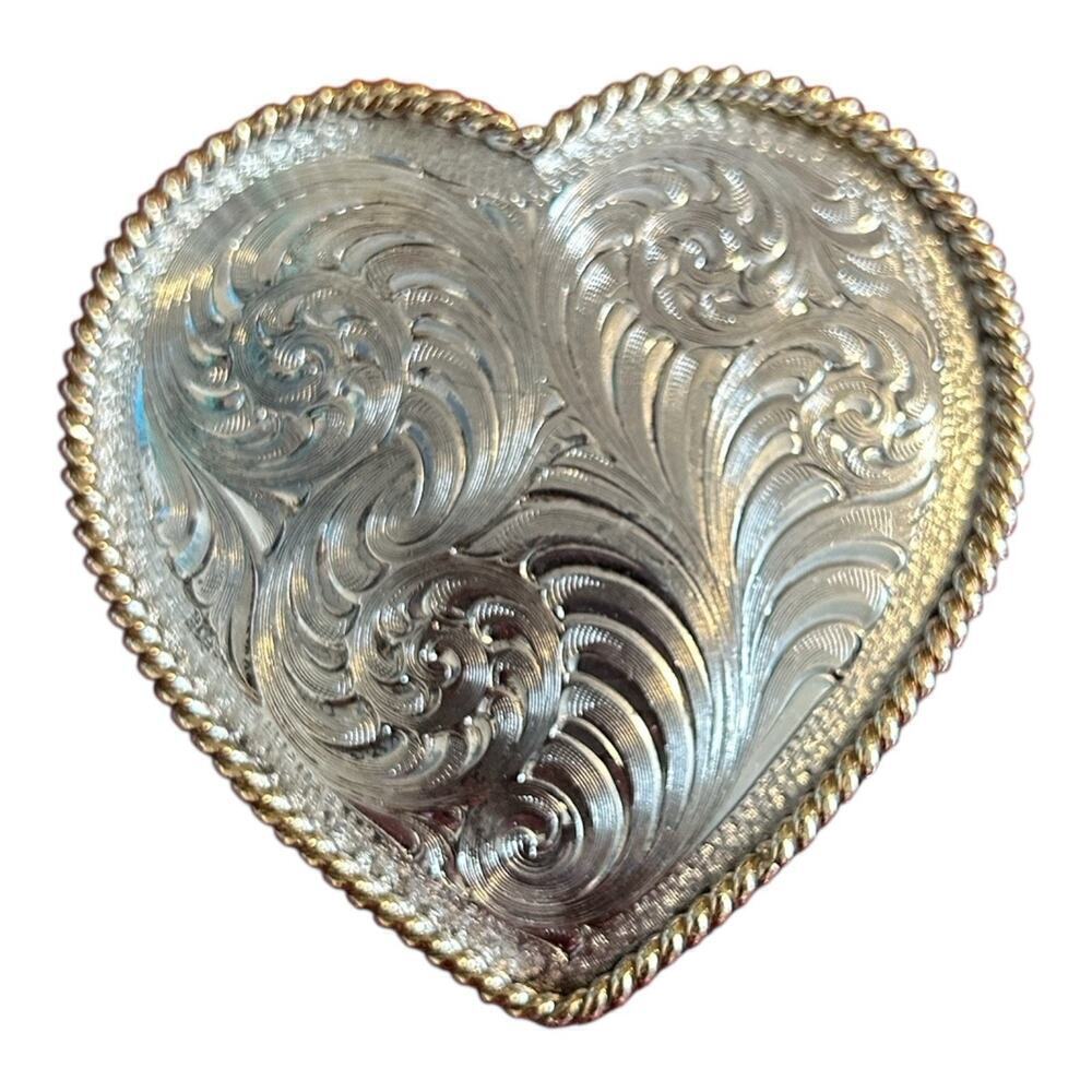 Montana Silversmiths Sterling Silver Plate Western Floral Heart Belt Buckle VTG